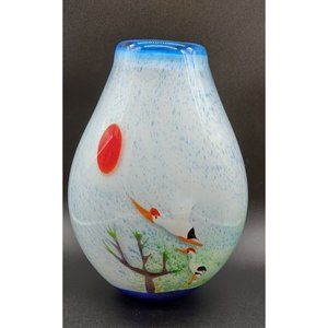 Vase Art Glass Birds White Cased Clear Sun Bird Tree 10 In High